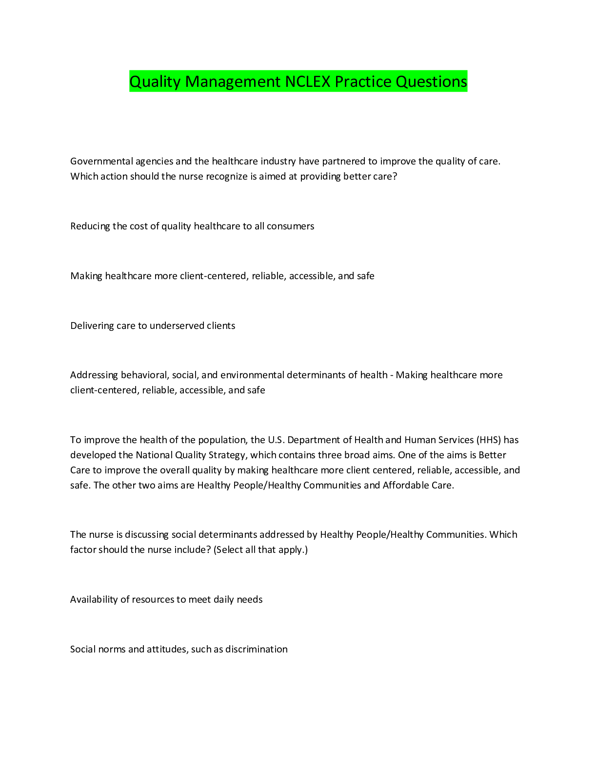 Preview image for Quality Management NCLEX Practice Questions
